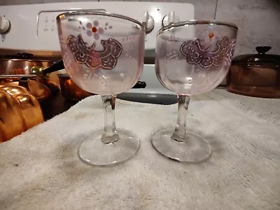 Buy Antique Vintage Bohemian Wine Glass Set - Pink Glass Hand Painted Flowers? • 14.45£