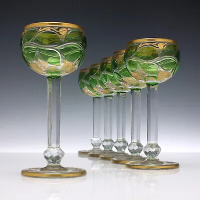 Buy Six Tall Art Nouveau Green Cased Glass Hock Wine Glasses C1900 • 960£