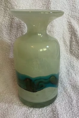 Buy Mdina Glass Vase Vintage Sage Green  With Tiger Pattern Band. Signed. • 25£