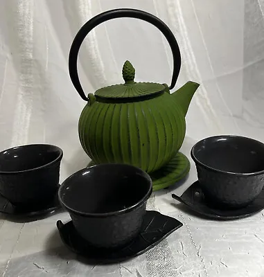 Buy Green Cast Iron Teapot Enameled Glazed Interior, Matching Base, 3 Cups & Saucers • 37£