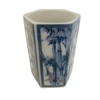Buy Vintage Oriental Brush Pot Porcelain White Blue Hexagonal Bamboo Pen Holder Vase • 14.99£