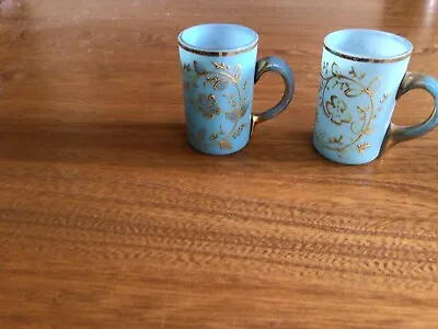 Buy 2 Miniature Antique Bohemian Glass Turquoise Blue  Gilded Mugs • 11£