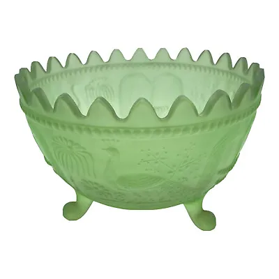 Buy Antique Carnival Glass Peacock At The Fountain Fruit Bowl Satin Green Unmarked • 307.61£
