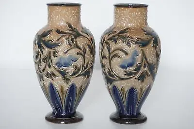 Buy Doulton Lambeth Pair Vases - Alice E.Budden - Incised Floral Design - C.1886 • 285£