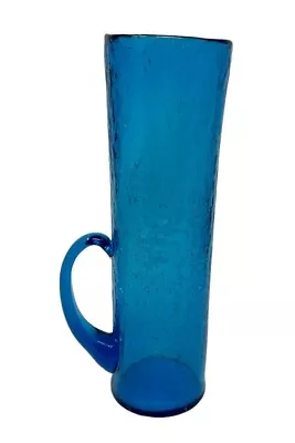 Buy Unique Spoutless Blue Crackle Glass Pitcher Vase W Handle MCM Style - 11 In • 34.74£