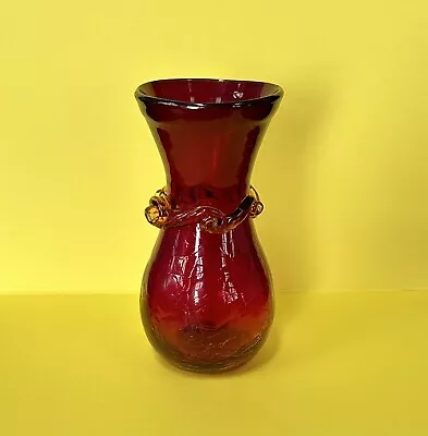 Buy Vintage Red Crackle Glass Vase Amber Rigaree Hand Blown MCM • 12.29£