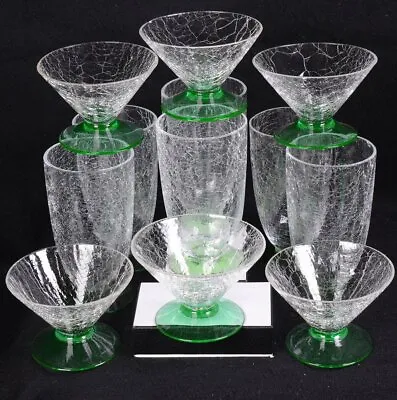 Buy (12)  Vintage 6 - TUMBLERS & 6 - MARTINI Clear CRACKLE W/ Green Footed Glasses • 47.56£