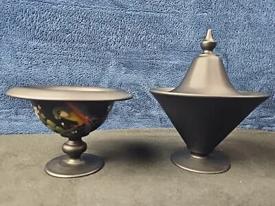 Buy (2) Vintage Tiffin Glass Black Satin Glass Jar 7.75” Tall Candy 4.5  Bird Dish • 70.96£