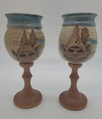 Buy Set Of Two Elf Knome Decorative Pottery Wine Goblets Wood Stem 7.75  Handcrafted • 33.69£