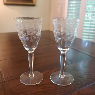 Buy Pair Of Vintage Cordial Sherry Glass Etched Crystal Set Flower Dainty Elegant 6  • 20.41£