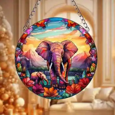 Buy Colourful Elephant & Baby Design Suncatcher Stained Glass Effect Home Decor Gift • 6.95£