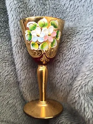 Buy SMALL BOHEMIAN CZECH GLASS GOBLET RED AND GOLD ENAMELLED RAISED FLOWERS 9cm Tall • 10£