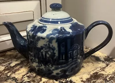 Buy Victoria Ware-- Ironstone Flow Blue Style Tea Pot Town Scene 5” Tall • 36.05£