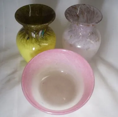 Buy 3 X Small Vintage Scottish Strathearn Vasart Art Glass Mottled Bowl And Vases • 16.99£