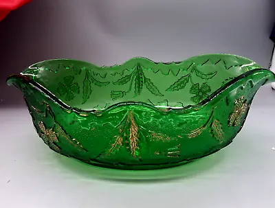 Buy Antique Emerald Green Colour Glass Fruit Bowl Boat Shape Gold Accent England • 29£