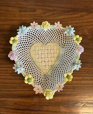 Buy Vintage BELLEEK Heart Shaped Flowers Weaved Reticulated Basket Bowl 6” • 90.13£