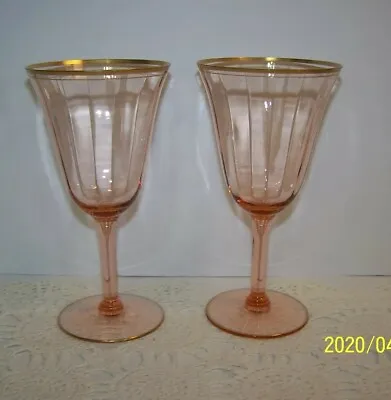 Buy Vintage Elagant Pink Depression Glass Goblets With Gold Trim. Great Bar Ware. • 26.45£