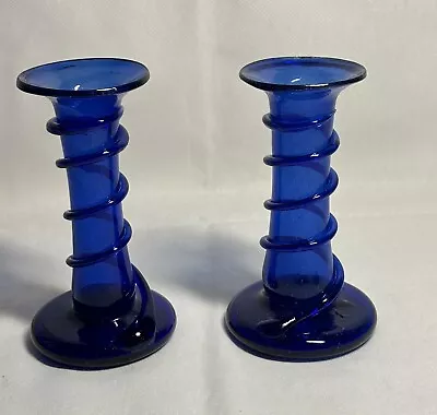 Buy ANTIQUE Two Handblown Cobalt Blue Glass Snake Candlesticks/Candle Holders   • 30£