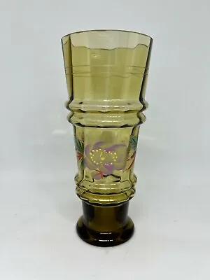 Buy Vintage Bohemian Amber Panel Glass Gooseneck Pilsner Goblet W/Enameled Flowers • 34.05£