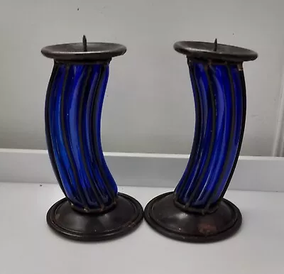 Buy Very Unusual Handmade Curved Ribbed Cobalt Blue Glass Candlesticks • 12.50£