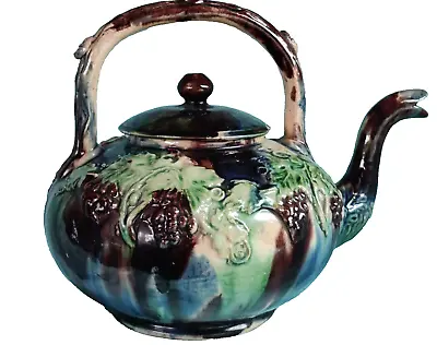 Buy Antique Victorian Majolica Glazed Scottish ? Teapot With Moulded Leaves • 14.49£