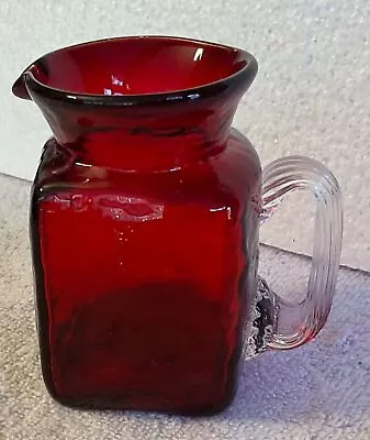 Buy Vintage CRACKLE Glass Square Pitcher Vase 3.75” Hand Blown Deep Red Clear Handle • 9.60£