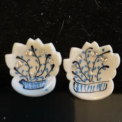 Buy Vintage Baby Blue Branch Design On White Plastic With Rhinestones Clip Earrings • 18.96£