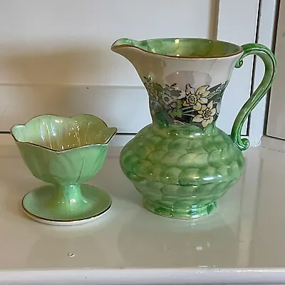 Buy Collectors Piece: Maling Jug And Bowl In Victoria Green Lustre, Flower Design • 39.50£