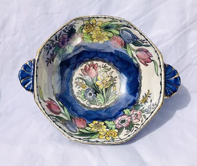 Buy Vintage Maling Pottery “springtime”octagonal Handled Soup Bowl - Blue Lustre • 14£