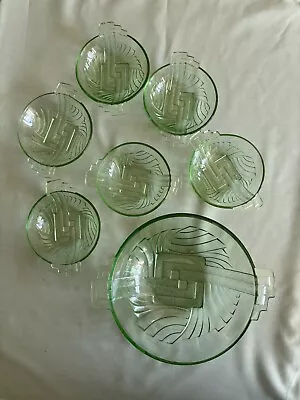 Buy Art Deco Green Glass Dessert Set, Perfect Condition, 1 Large Bowl And 6 Small • 15£