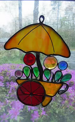 Buy Vintage Stained Glass Flower Cart W/ Umbrella Leaded Hanging Suncatcher • 15.39£