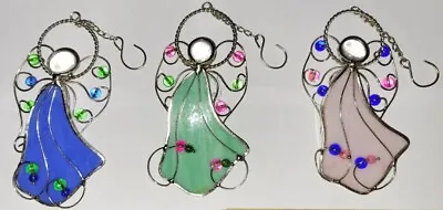 Buy Set 3 Stained Glass Angel Suncatchers Ornaments Or For Windows Blue Pink & Green • 14.59£