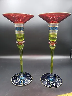 Buy Pier 1 Imports Bohemian Art Glass Taper Candle Stick Holders Red Gold Blue 10” • 16.57£