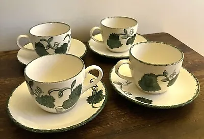 Buy VINTAGE POOLE POTTERY ~ HAND PAINTED GREEN LEAF ~ 4x TEA CUPS & 4x SAUCERS. • 17.94£