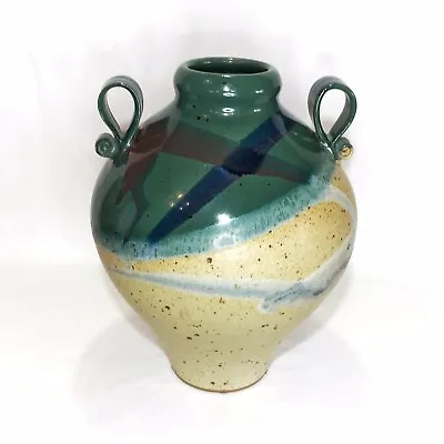 Buy Steven Ayers Pottery Studio Green Tan Glaze Signed 1998 Handled Decorated Vase • 138.46£