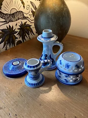 Buy Four Delft Blue & White Candleholders, One Tealight, Three Taper Candleholders • 40£