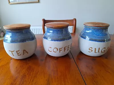 Buy Vintage Canterbury Pottery Tea, Coffee And Sugar Lidded Jars - Blue • 37.50£