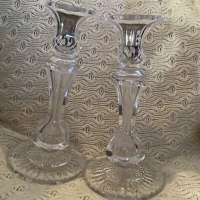 Buy Pair Of Tall Clear Glass Candle Holders 9” Heavy Vintage • 25£