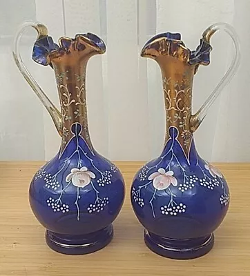Buy Pair Of Beautiful Victorian Hand Blown Bristol Blue Enamelled Glass Pitchers • 19.95£