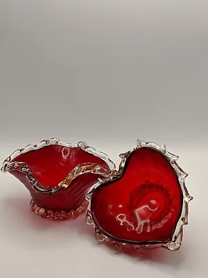 Buy Antique Victorian Ruby Red Gold Infused Blown Glass Bowls Heart Round Pair • 27.12£