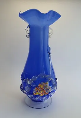 Buy 1970s Blue Chinese Plum Blossom Cased Glass Vase Applied Flowers Victorian Style • 8£