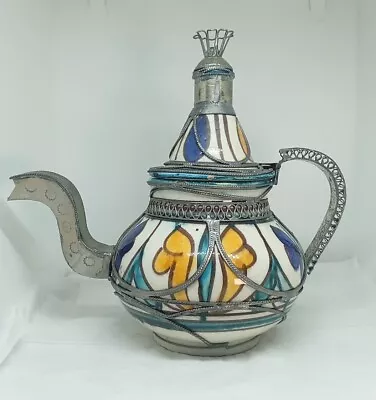 Buy Vtg. Moroccan Intricate Multicolor Ceramic Teapot,Ornate,Silver Look Filigree   • 66.15£