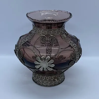 Buy Vintage Dusky Pink Glass With Metal Filigree Design Vase • 10£