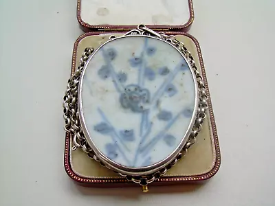 Buy Antique Victorian Silver Mounted Large Dutch Delft Pottery Shard With Chain. • 12.99£