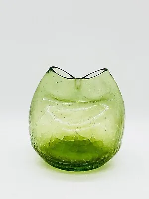 Buy Vintage Hand Blown Art Glass Lime Green Crackle Pinch Vase (Blenko) • 34.84£