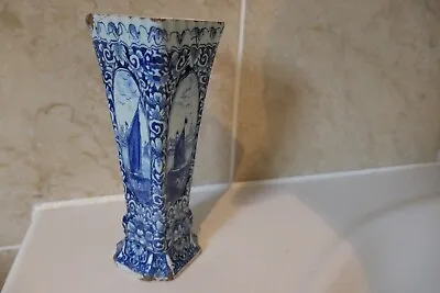 Buy 19th Century Dutch Delft Fluted Square 17.3cm Vase- Blue Painted Boat + Windmill • 29.50£