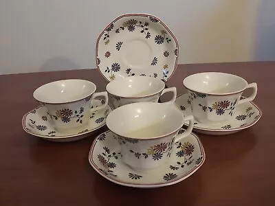 Buy 4 Adams China VERMONT England RED TRIM Gray Yellow Flowers CUP SAUCER SETS 8 Pcs • 18.98£