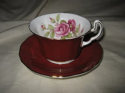 Buy Adderley Fine Bone China England Cup And Saucer Maroon W/ Roses Inside H473 • 19.18£