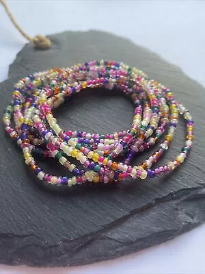 Buy Multi Colour Glass Seed Bead Silver Necklace Extra Long Hippy Love Beach Festive • 3.99£