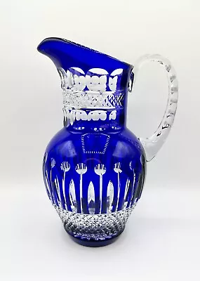 Buy Bohemian Cut Blue Cobalt Pitcher Stunning READ Crystal Handcrafted Glass Rare • 284.62£